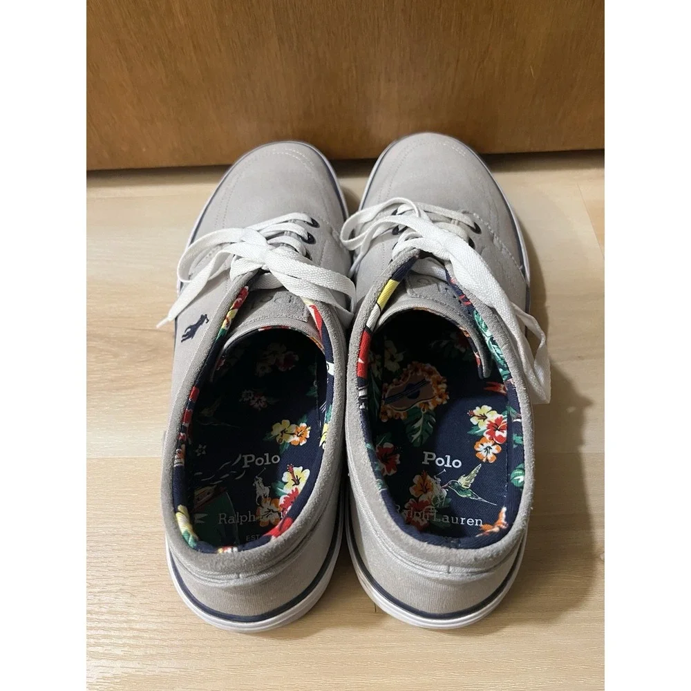 Ralph Lauren Polo Faxon Low Sneakers Men's 13D Gray Canvas Lace Up‎ Flower Print